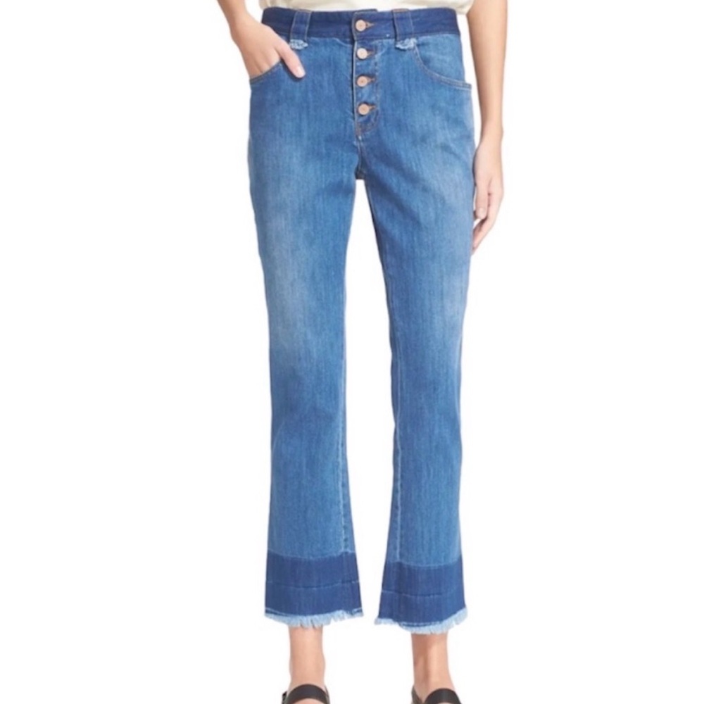 See By Chloe Blue Button-Up Crop Jeans with Raw Hem